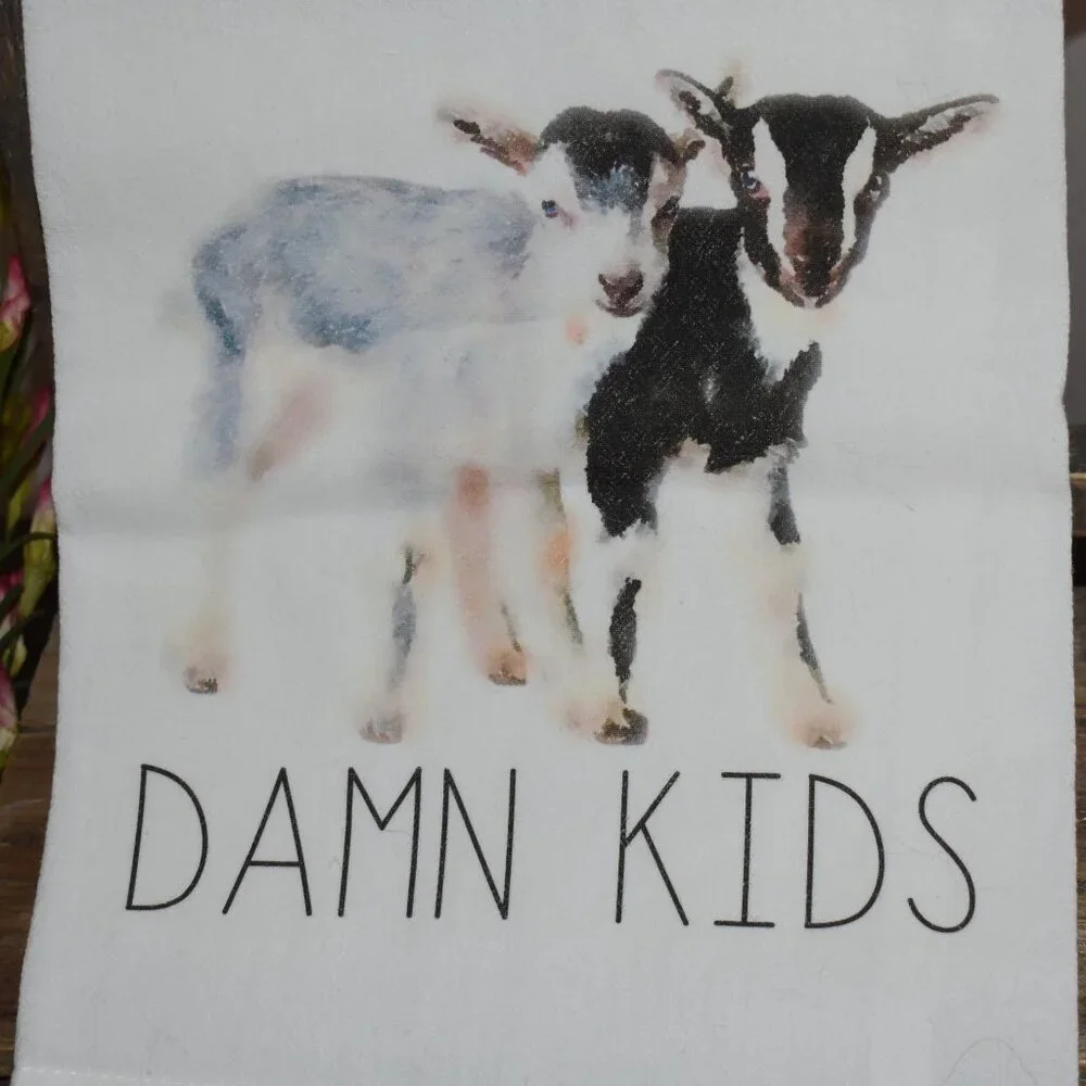 Handmade Funny Goat Kids White Kitchen Flour Sack Towel Country Farmhouse Decor